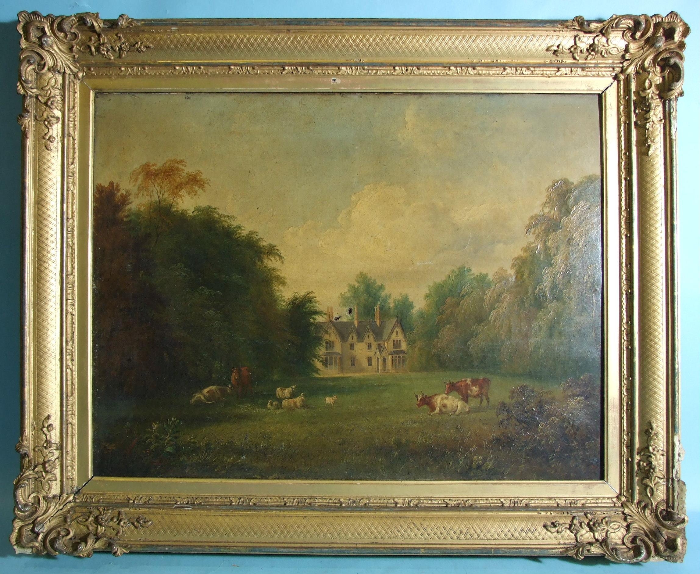 19th century English School CATTLE AND SHEEP GRAZING BEFORE A COUNTRY RESIDENCE Unsigned oil on - Image 3 of 6