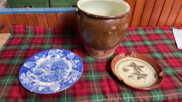 BLUE & WHITE PLATE, HANGING PLATE & SALT JAR