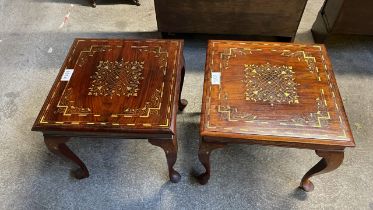 PAIR BRASS INLAID SIDE TABLES
