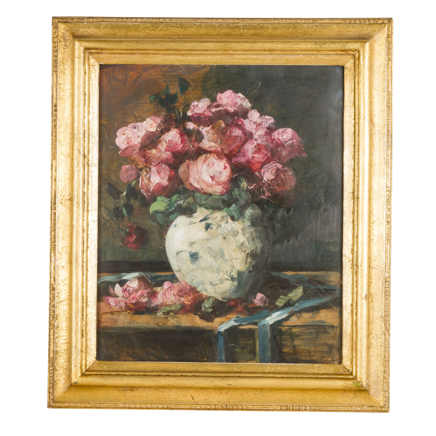 MÜLLER-WISCHIN, ANTON (1865-1949), "Stillleben mit rosafarbenen Rosen in weißer Kugelvase", - Image 2 of 4