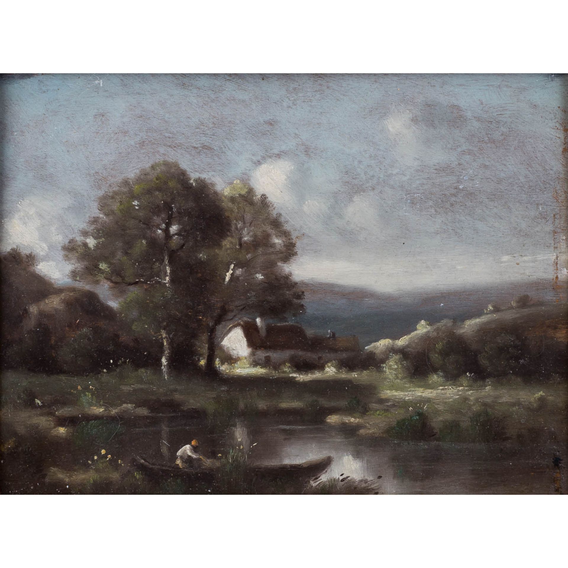 Tafelmalerei einer herbstlichen Flußlandschaft, um 1900,