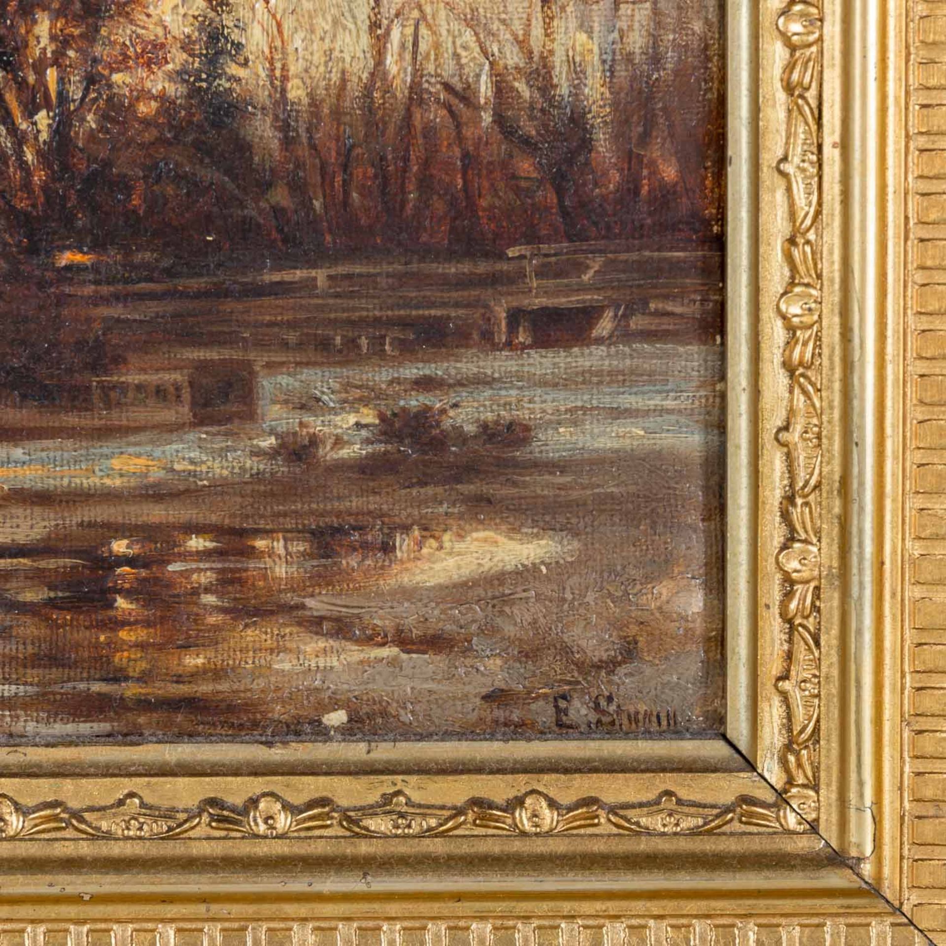 STURM, E. (?, Maler/in 19./20. Jh.), "Landschaft mit See in Winterstimmung", - Bild 3 aus 8