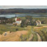 PAMPEL, HERMANN (1867-1935, Prof.), "Landschaft mit Ortschaft am Fluss",