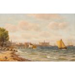 NEUMANN, JOHAN (1860-1940), "Blick über das Meer auf Hafenstadt", wohl Bornholm,