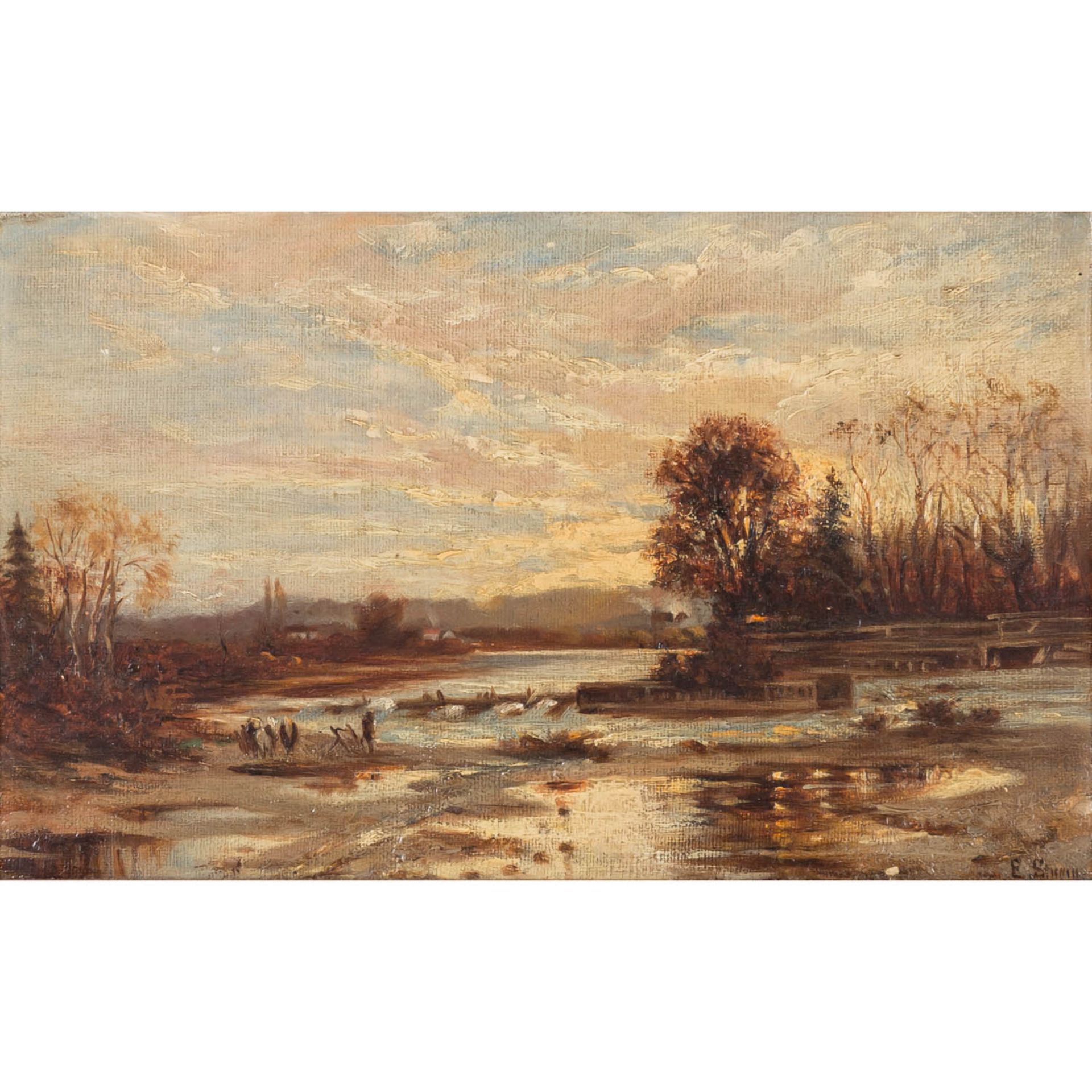 STURM, E. (?, Maler/in 19./20. Jh.), "Landschaft mit See in Winterstimmung",