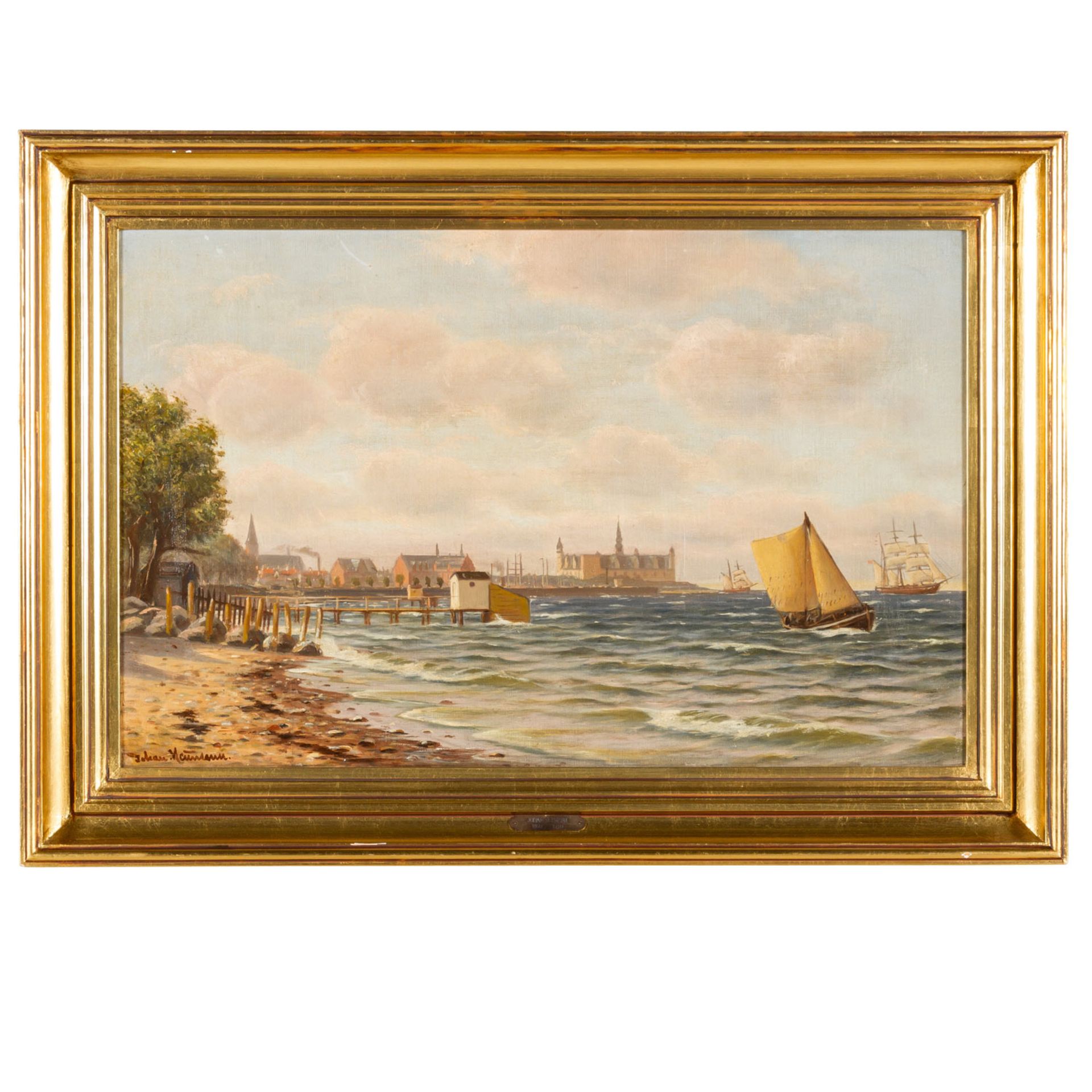 NEUMANN, JOHAN (1860-1940), "Blick über das Meer auf Hafenstadt", wohl Bornholm, - Bild 2 aus 4