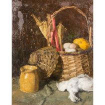 DAMMEIER, RUDOLF (1851-1936) "Stilleben mit Huhn, Flechtkörbe und Wasserkrug"