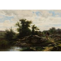 WEBER, THEODOR ALEXANDER (1838 - 1907), "Landschaft mit Wäscherinnen am Teich",