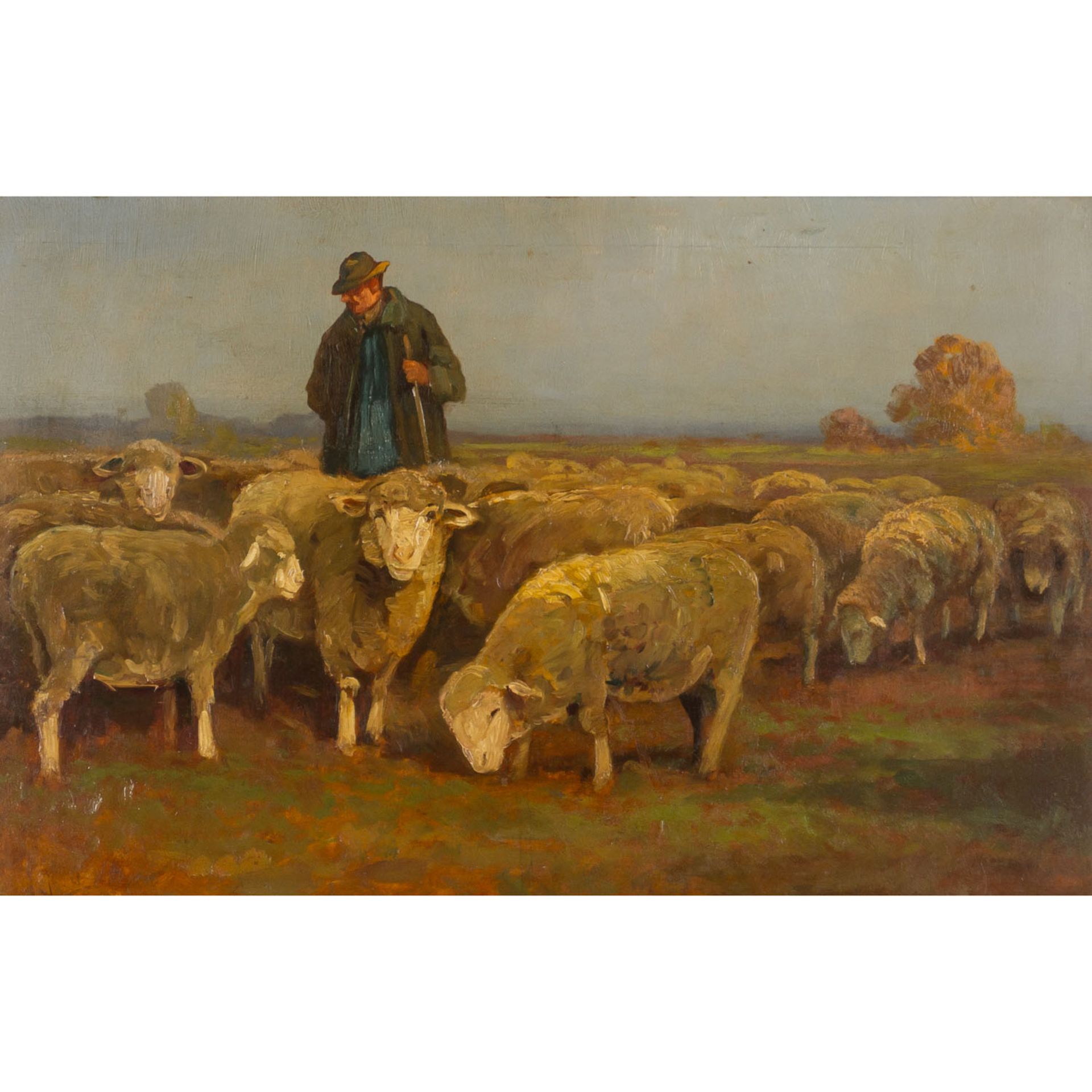 GREBE, Friedrich, ATTRIBUIERT (F. G.: 1850x1925), "Schäfer mit seiner Herde in Heidelandschaft",