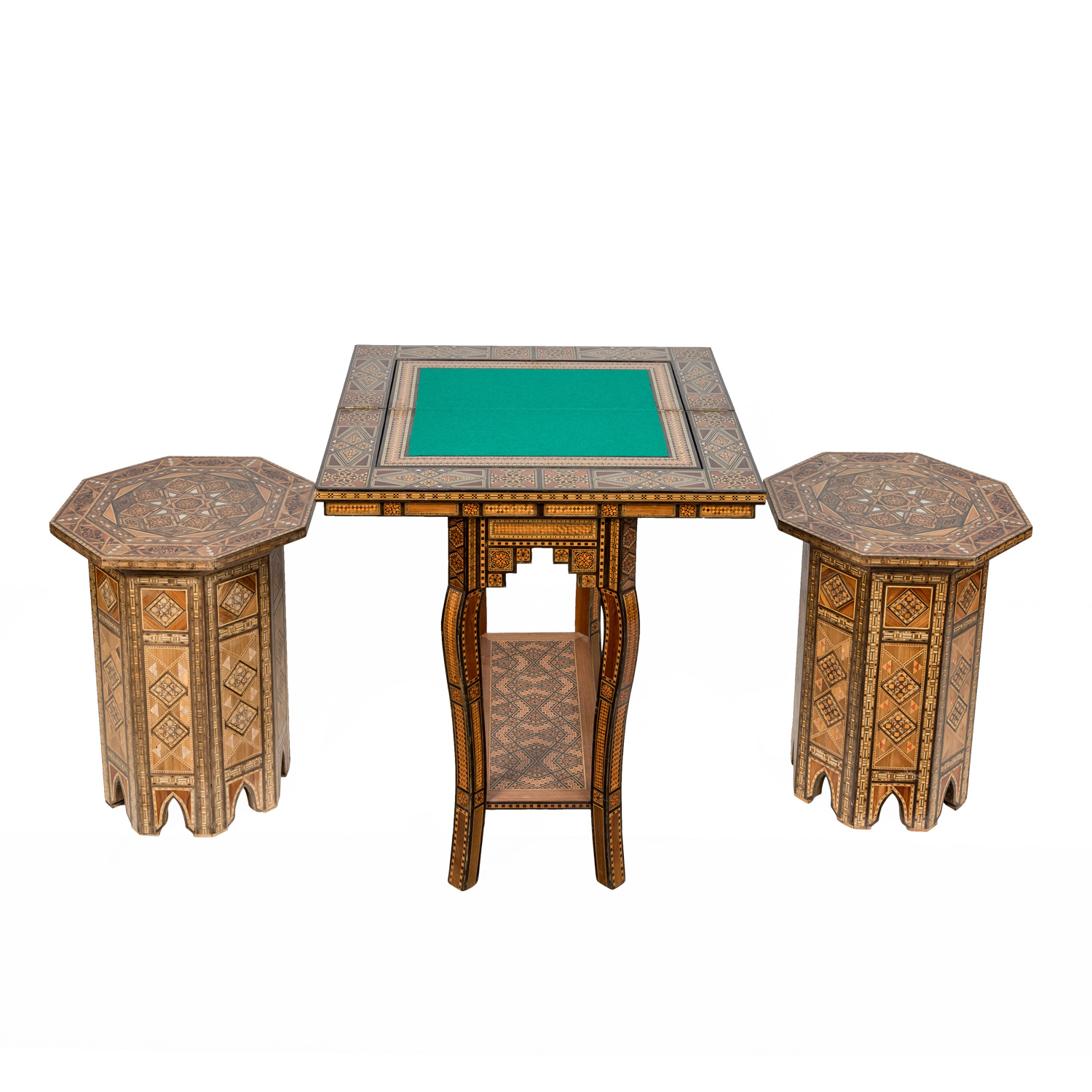 ORIENTALISCHER KONSOLTISCH / SPIELTISCH MIT 2 HOCKERN,