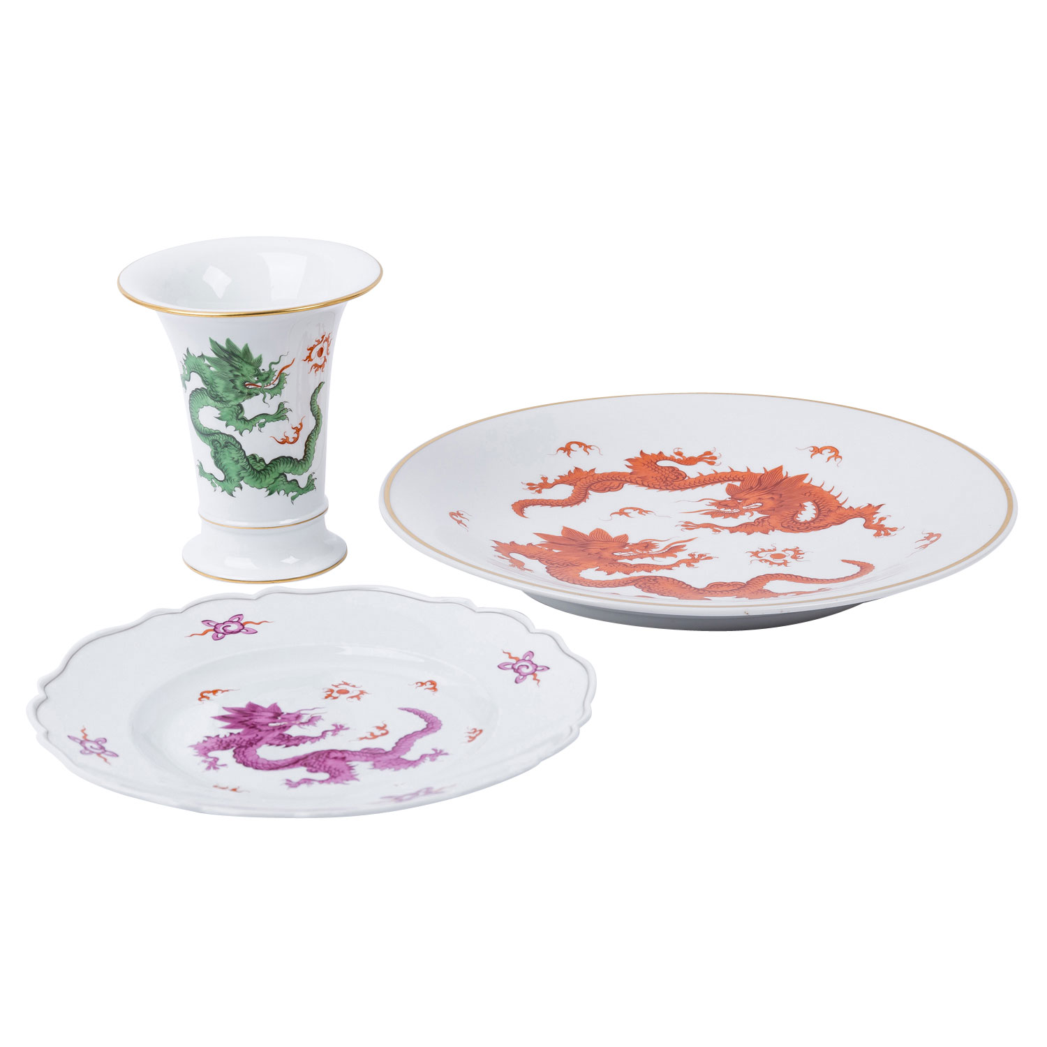 MEISSEN 2 Teller und 1 Vase 'Ming-Drache', 1. und 2. Wahl, 20. Jh.