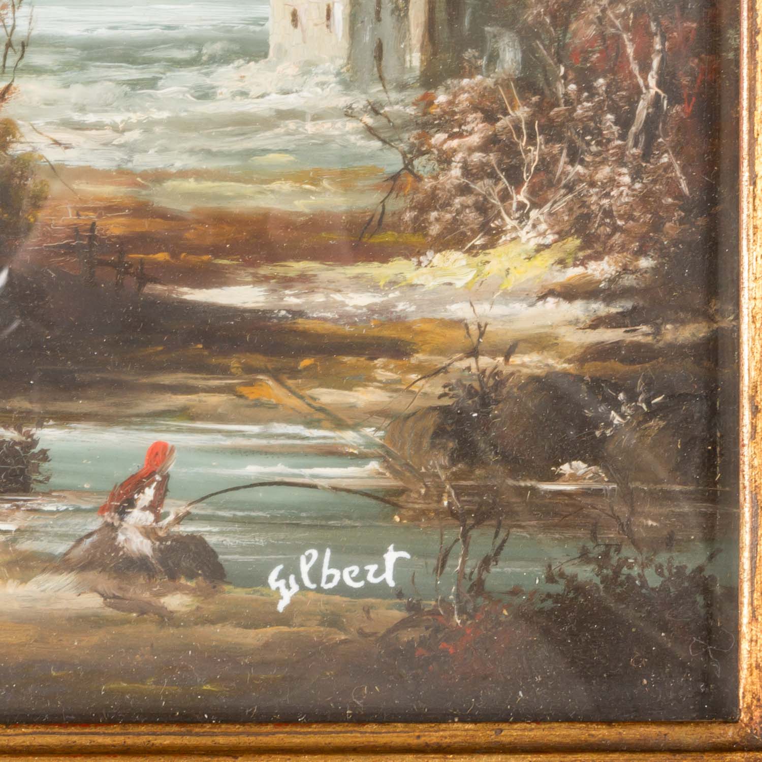 GILBERT (Maler/in 20. Jh.), "Angler am Fluss in romantischer Landschaft", - Bild 3 aus 4