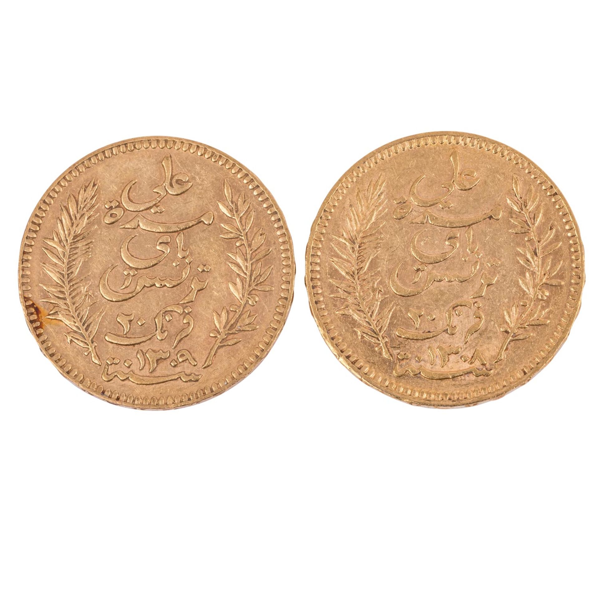 Tunesien /GOLD-Lot - Ali III. (1882-1902) 2 x 20 Francs 1891 / 1892 - Bild 2 aus 2