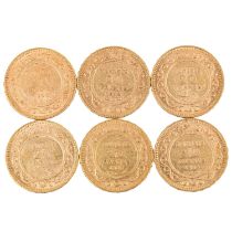 Tunesien /GOLD-Lot mit 6x 20 Francs, insg. ca. 34,8 g