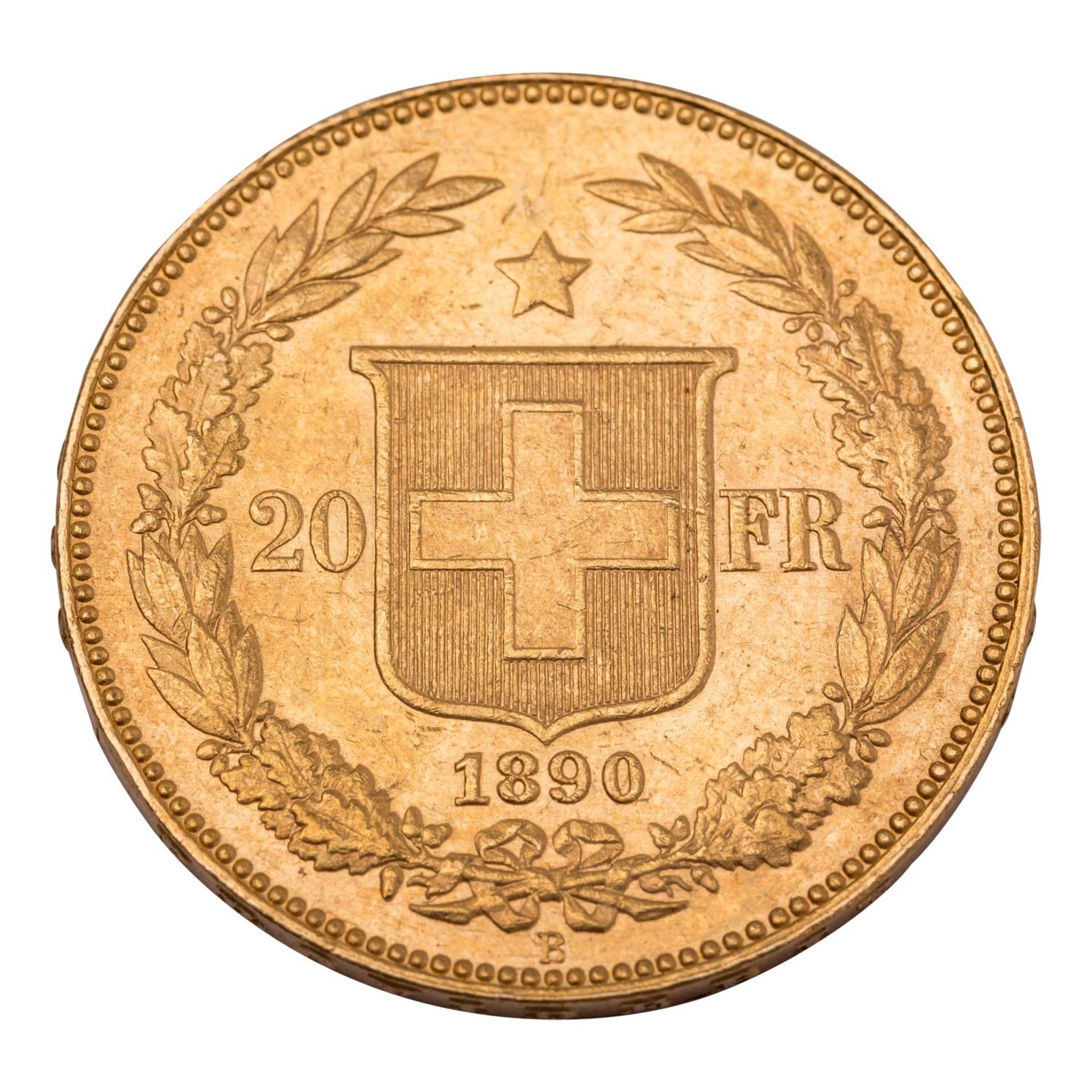 Schweiz /GOLD - 20 Sfr Helvetia 1890 - Image 2 of 2