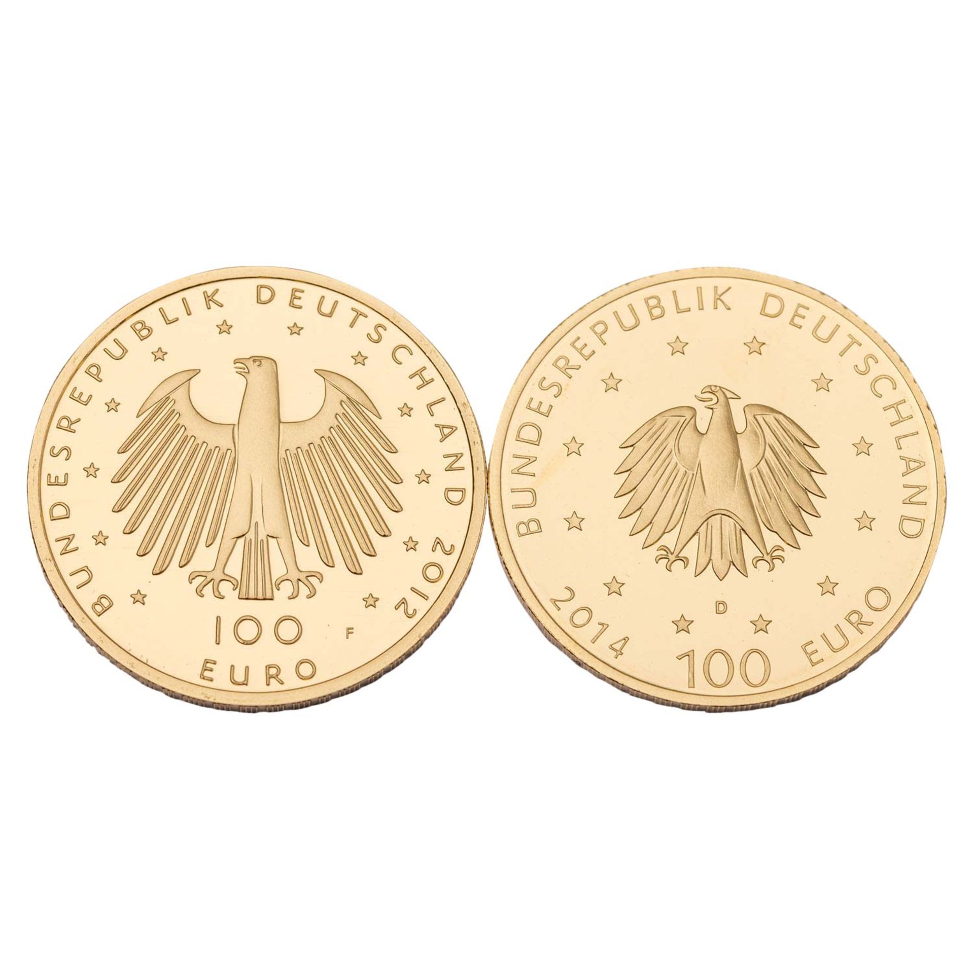 BRD - 2 x 100 Euro in GOLD, Aachen 2012, Kloster Lorsch 2014, - Image 2 of 2