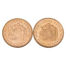 Chile - 2 x 50 Pesos 1961, 1965, Liberty, GOLD,