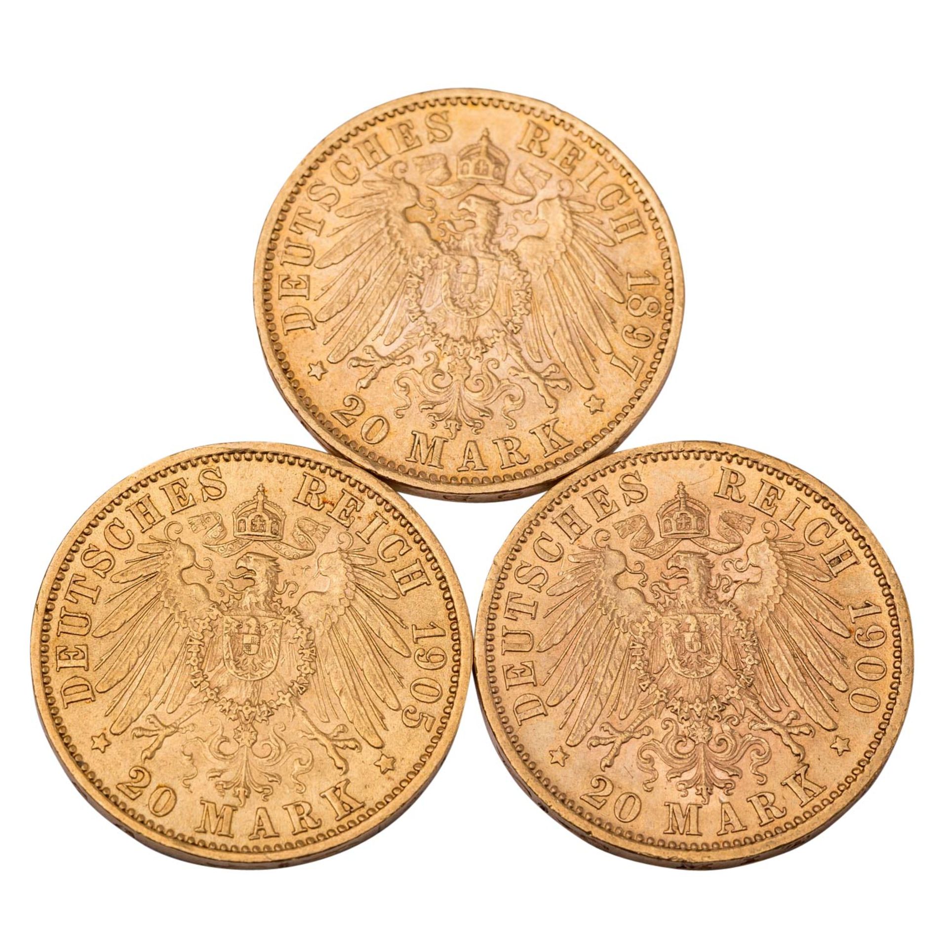 Deutsches Kaiserreich / Württemberg - 3 x 20 Mark, 1897, 1900, 1905, GOLD, 