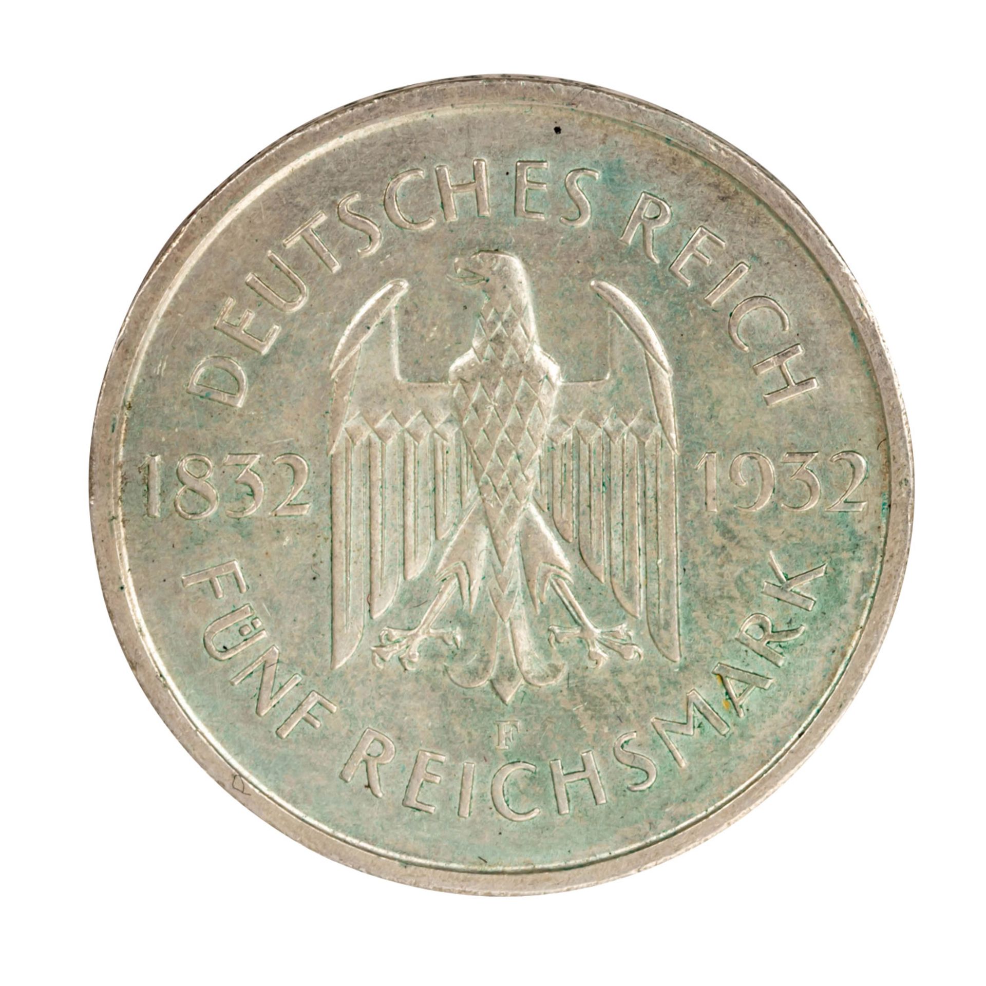 Weimarer Republik/Silber - 5 Reichsmark 1932/F, 100. Todestag Goethes, - Bild 2 aus 2