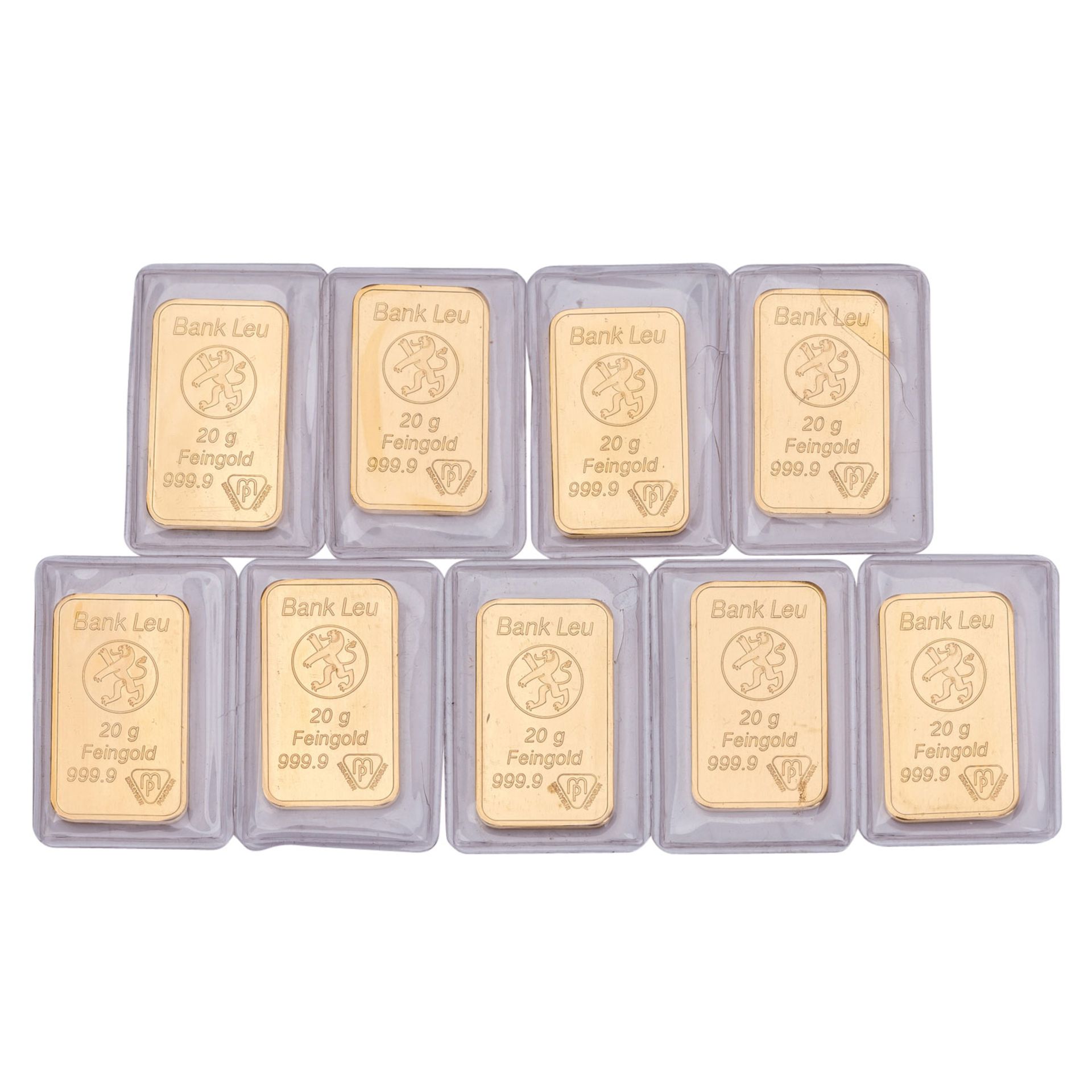 GOLDbarren – 9 x 20 g GOLD fein, Goldbarren geprägt, Hersteller Bank Leu/Essayeur Fondeur. 