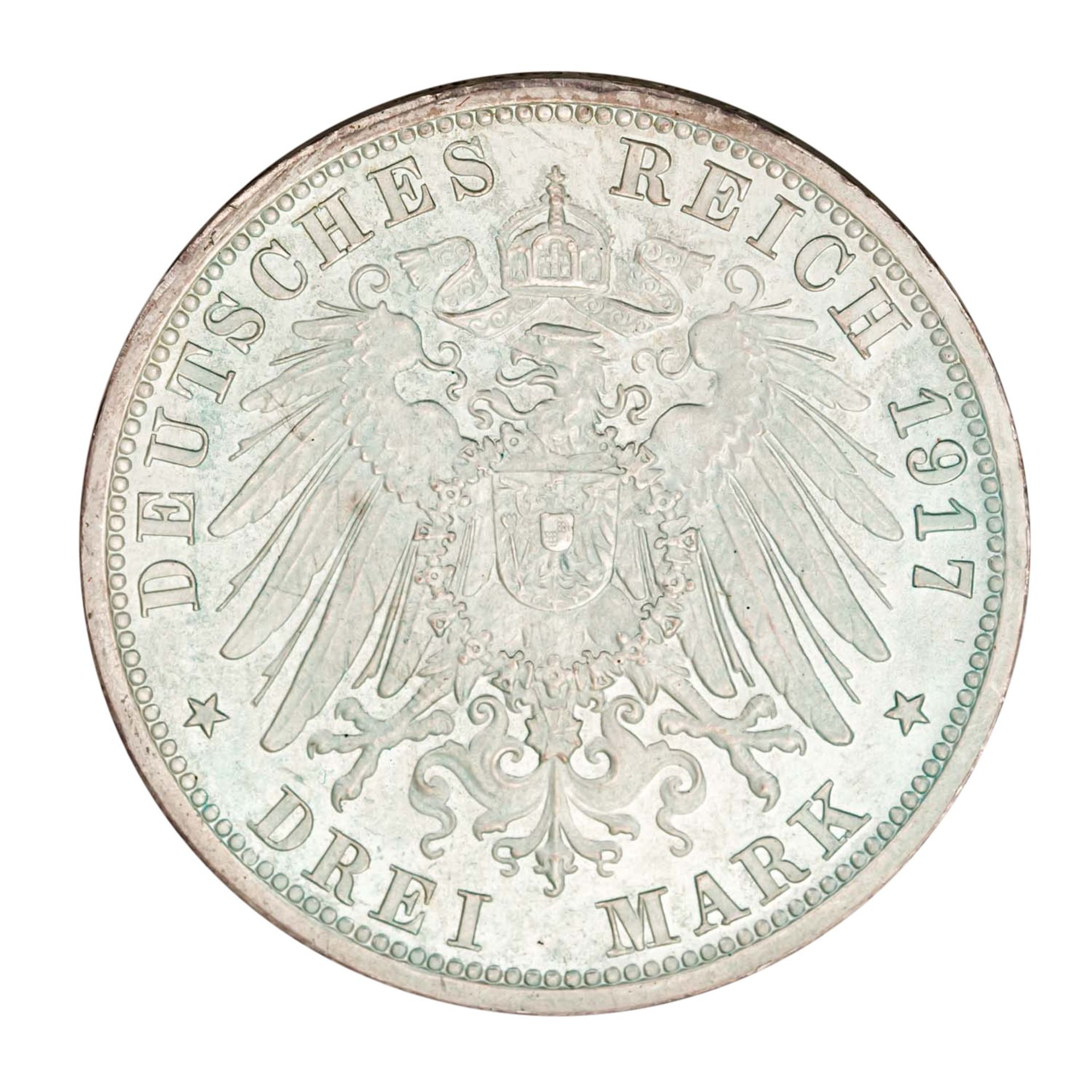 Großherzogtum Hessen/Silber - 3 Mark 1917/A, Großherzog Ernst Ludwig,  - Bild 2 aus 3