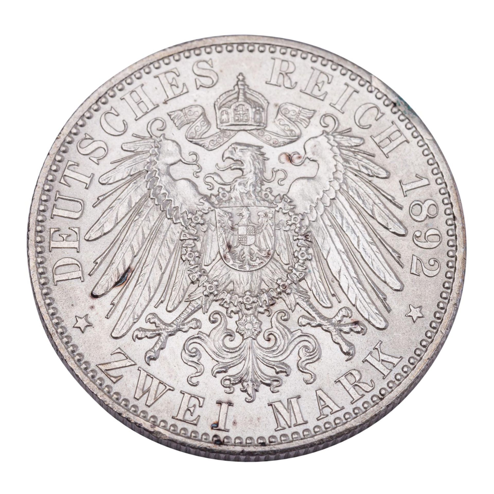 Sachsen-Weimar-Eisenach/Silber - 2 Mark 1892/A, Carl Alexander, - Bild 2 aus 2