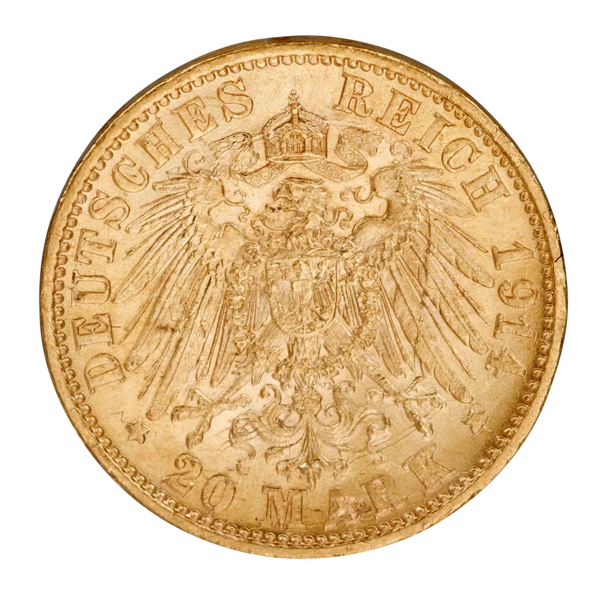 Königreich Württemberg/Gold - 20 Mark 1914/F, König Wilhelm II., - Image 2 of 3