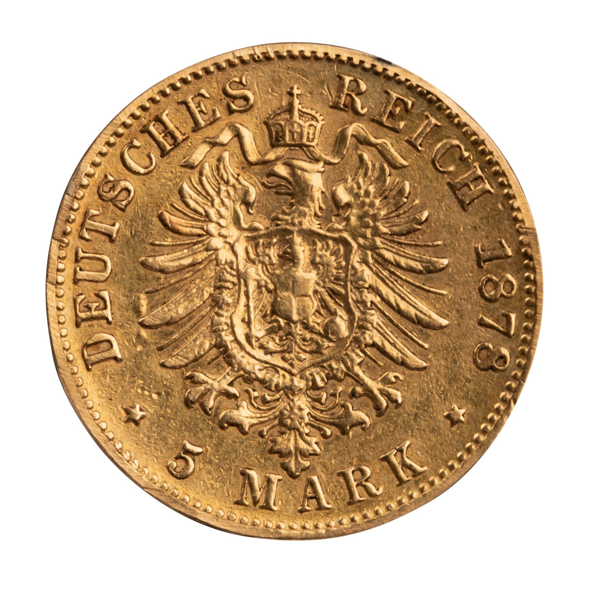 Königreich Bayern/Gold - 5 Mark 1878/D, König Ludwig II. (1864-1886), - Bild 2 aus 2