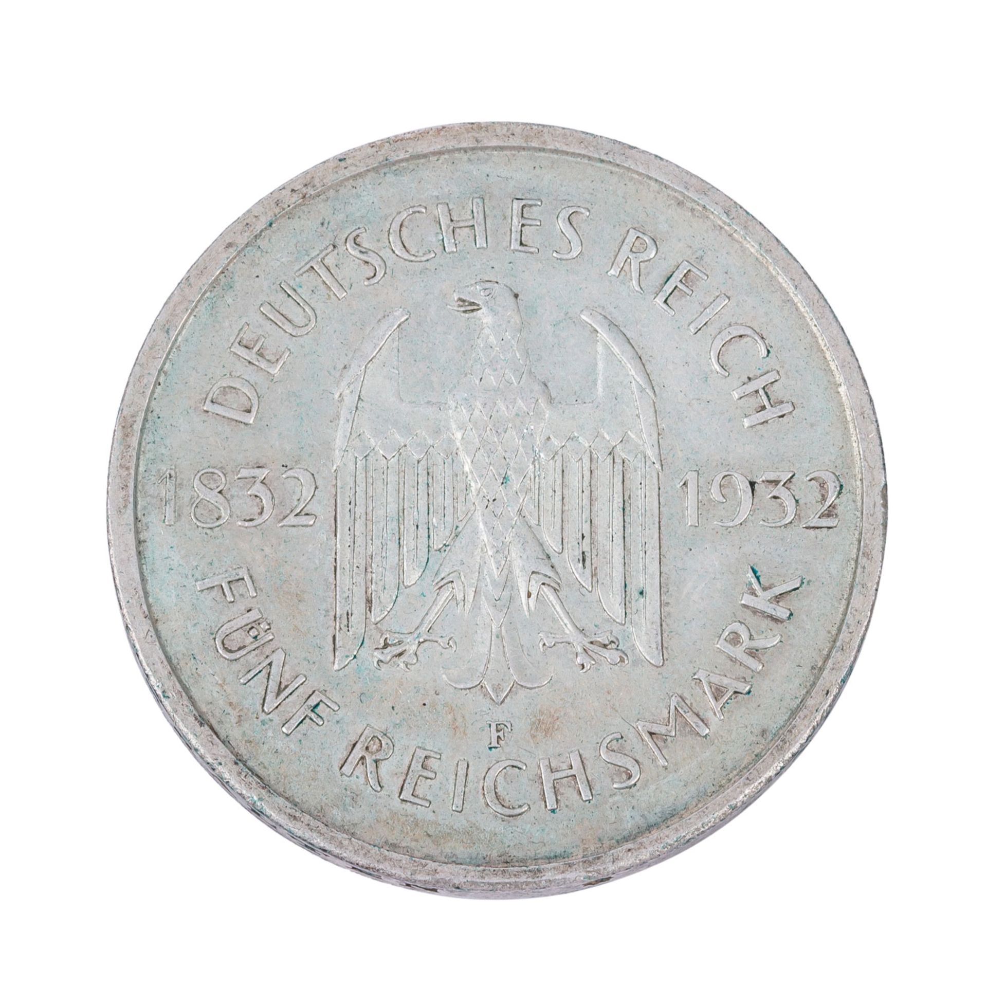 1 x Weimarer Republik/Silber - 5 RM 1932/F, Goethe, - Image 2 of 2