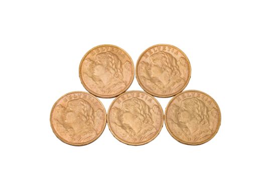 Schweiz /GOLD-Lot mit 5 x 20 Sfr. Vreneli, insg. Feingold ca. 29 g - Bild 1 aus 2