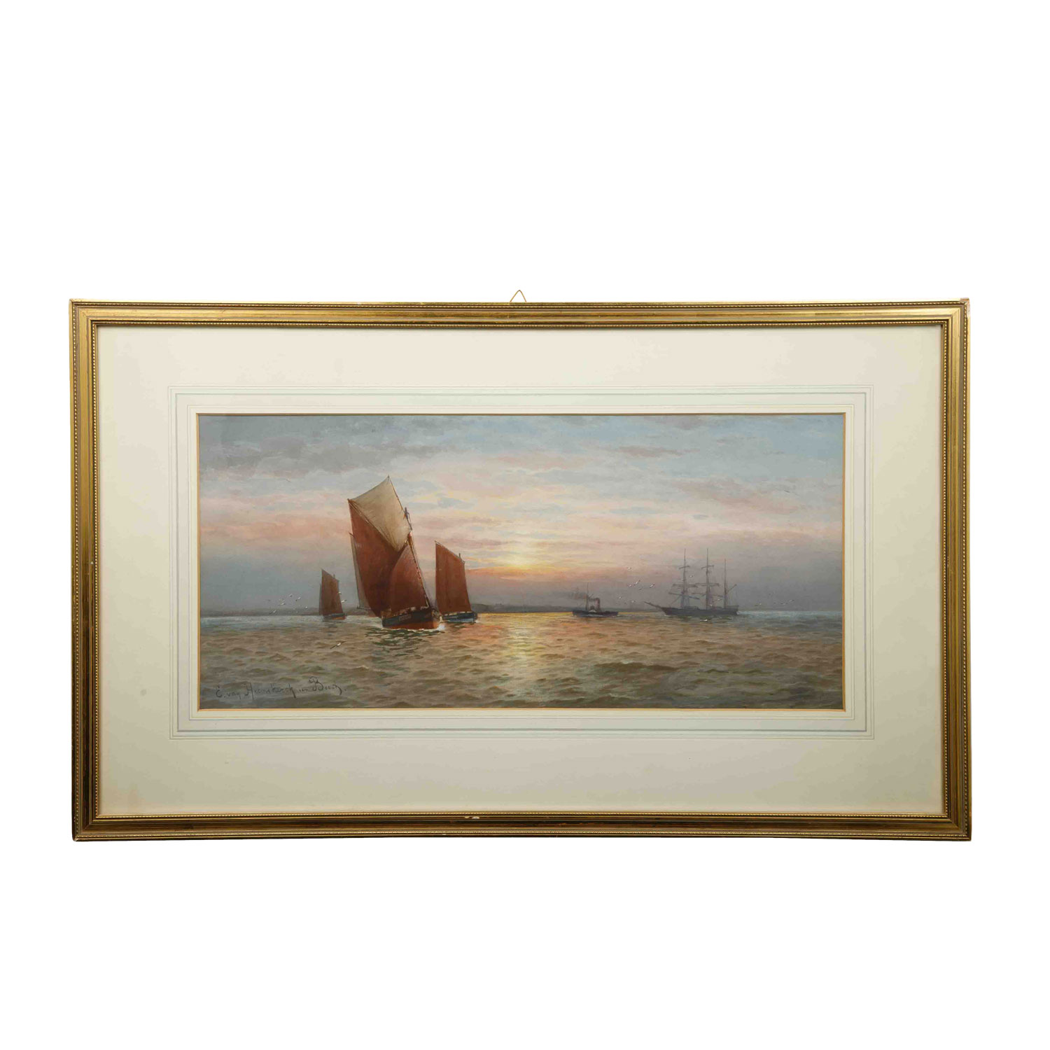 VAN HEEMSKERCK VAN BEEST, JACOB EDUARD (1828-1894), “Segelschiffe in Abendstimmung“, - Image 2 of 4
