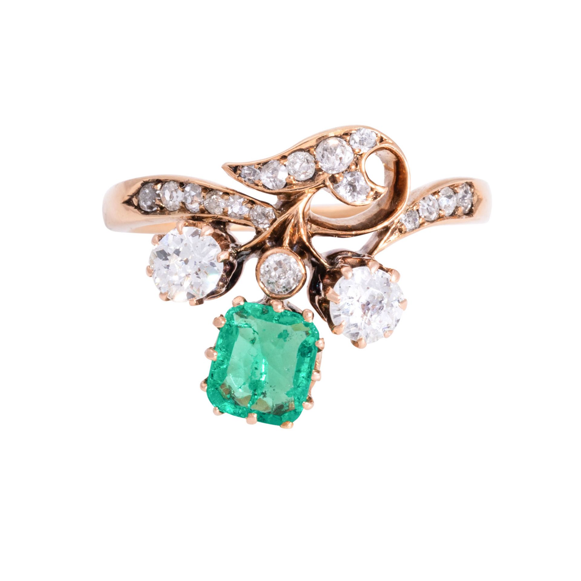 Belle Époque floraler Ring mit Smaragd und Altschliffdiamanten zus. ca. 0,5 ct,  - Bild 2 aus 4