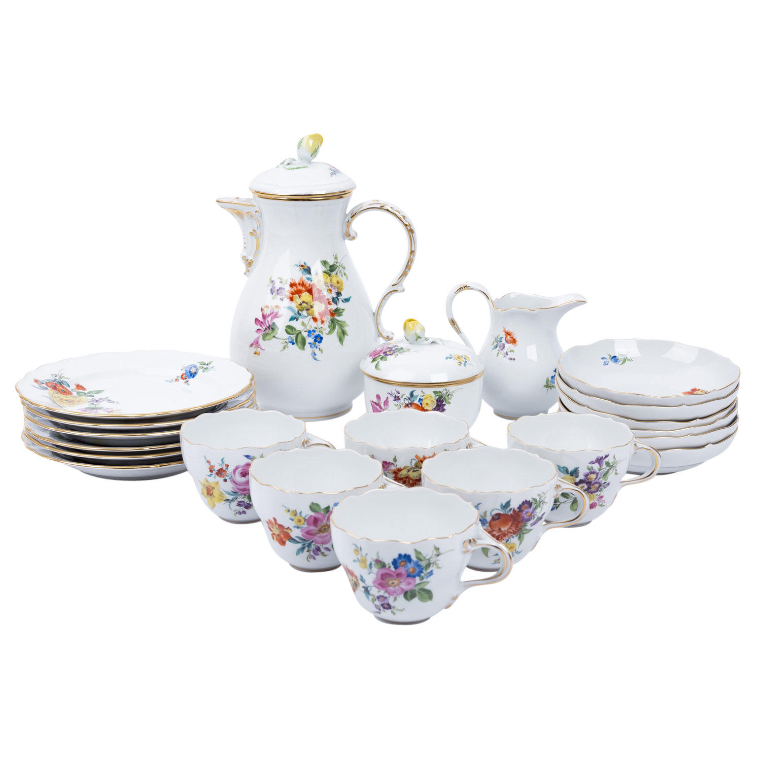 MEISSEN 21-tlg. Kaffeeservice 'Blumenmalerei', 1. Wahl, 20. Jh.