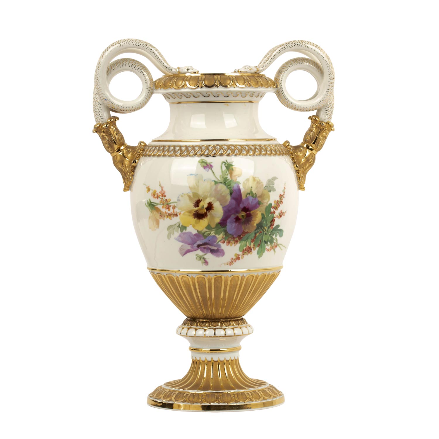 MEISSEN, Große Schlangenhenkelvase mit Blumenbouquet, vor 1924,