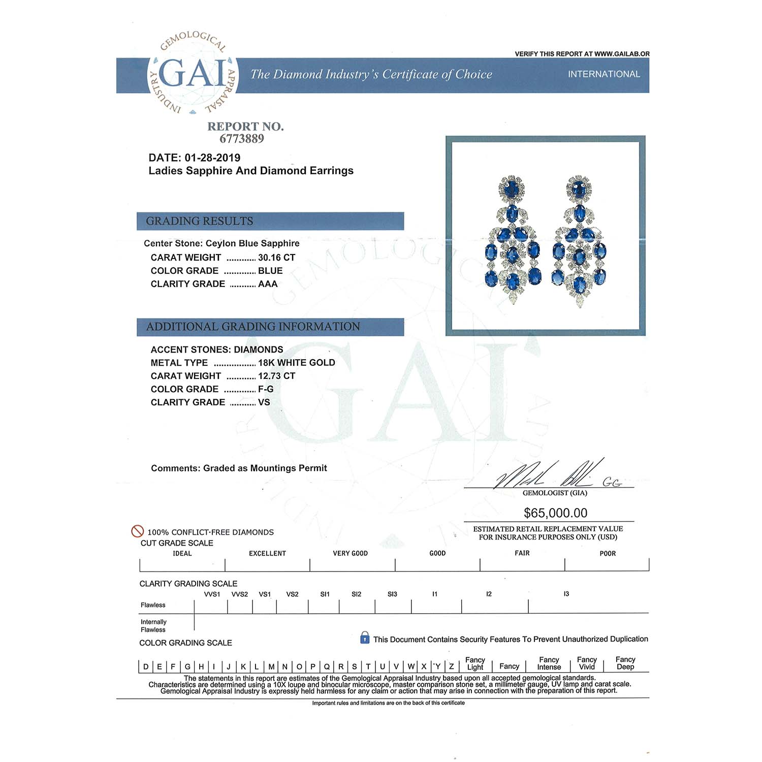 Ohrgehänge mit Ceylonsaphiren zus. ca. 30 ct und Diamanten zus. ca. 12,7 ct, - Image 8 of 8