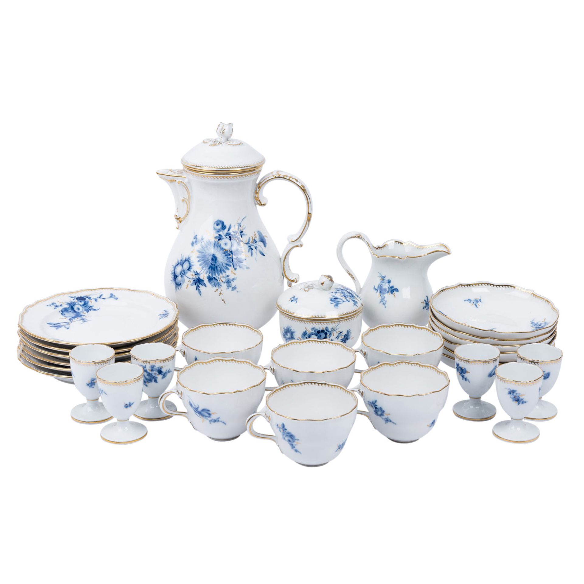 MEISSEN 27-tlg. Frühstückservice f. 6 Personen 'Blaue Blume mit Goldgräsern', 1. Wahl, 20. Jh.