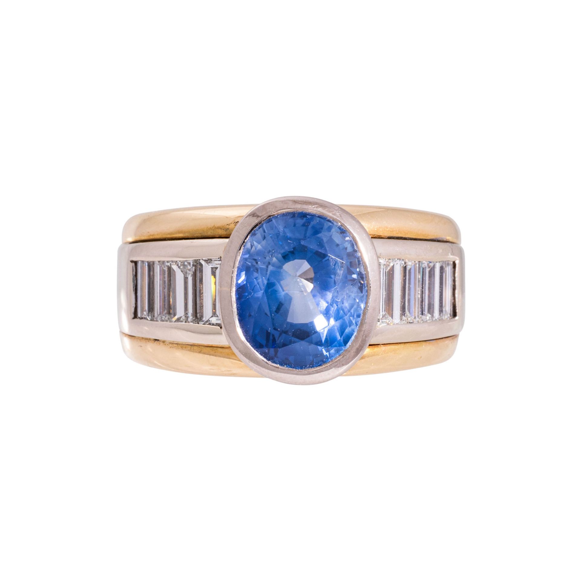 Ring mit feinem Saphir in heller Ceylonfarbe und Diamantbaguettes - Bild 2 aus 5