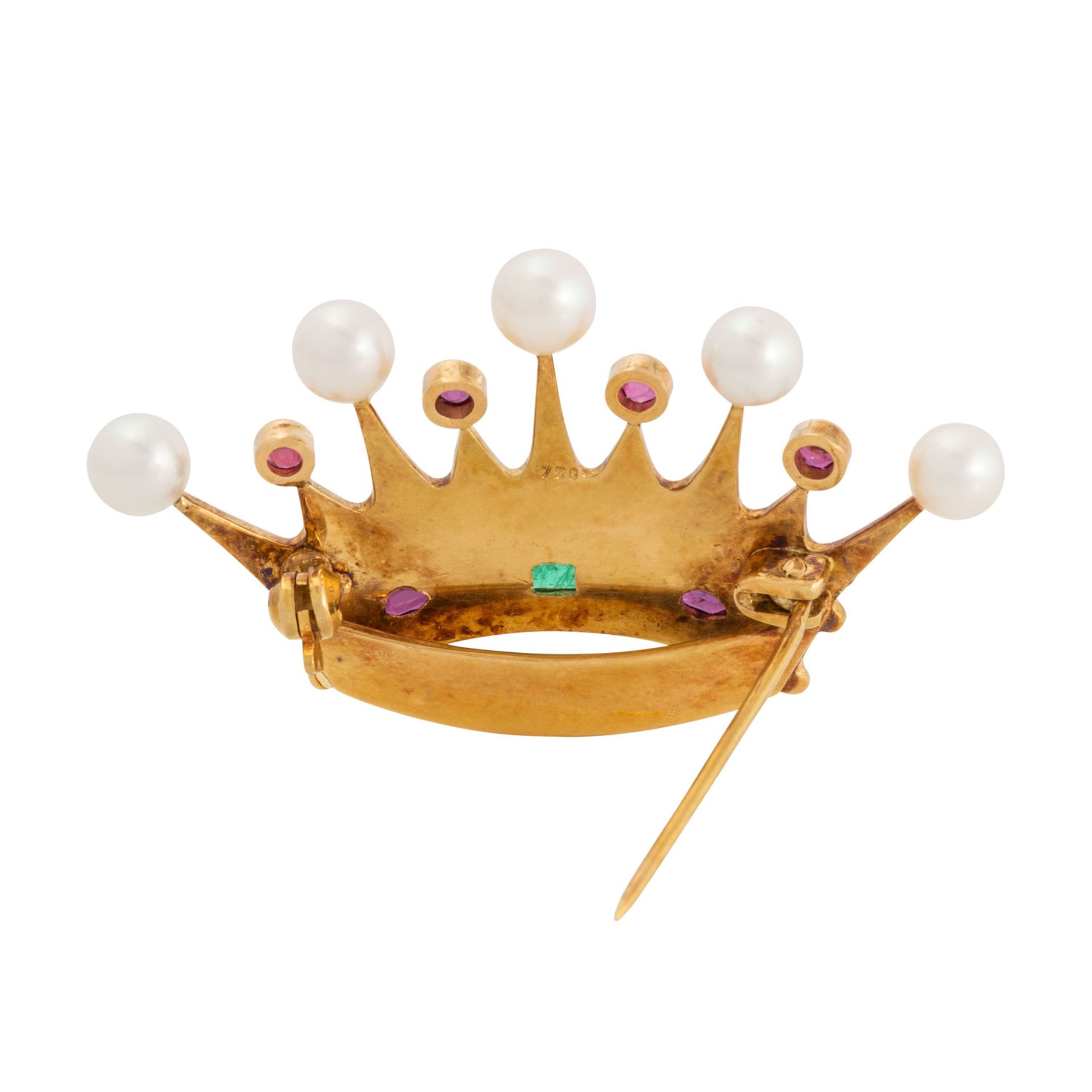UNIKAT Brosche "Krone" mit Smaragd, Rubinen und Zuchtperlen,  - Bild 3 aus 3