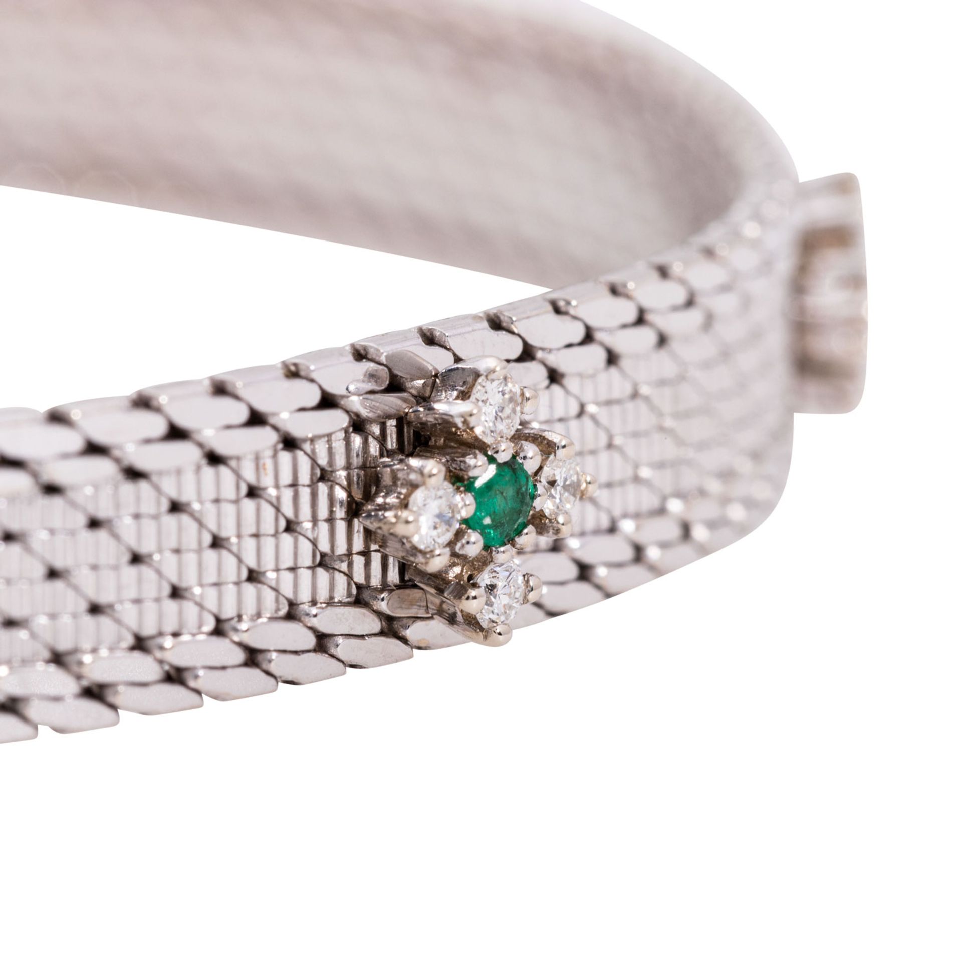Armband aus Milanaisegeflecht mit 3 kleinen Diamant-Smaragd-Blüten, - Bild 5 aus 5