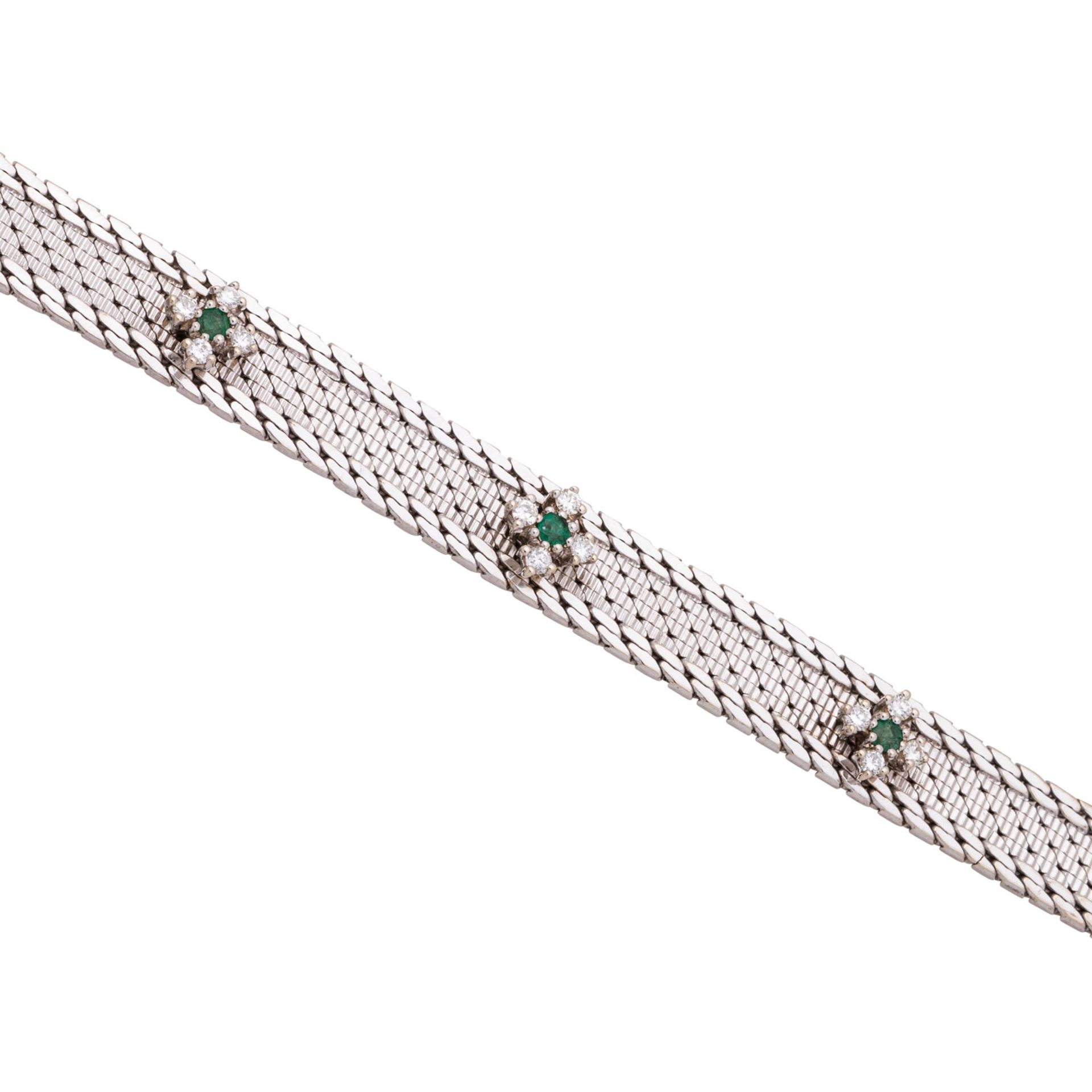 Armband aus Milanaisegeflecht mit 3 kleinen Diamant-Smaragd-Blüten, - Bild 4 aus 5
