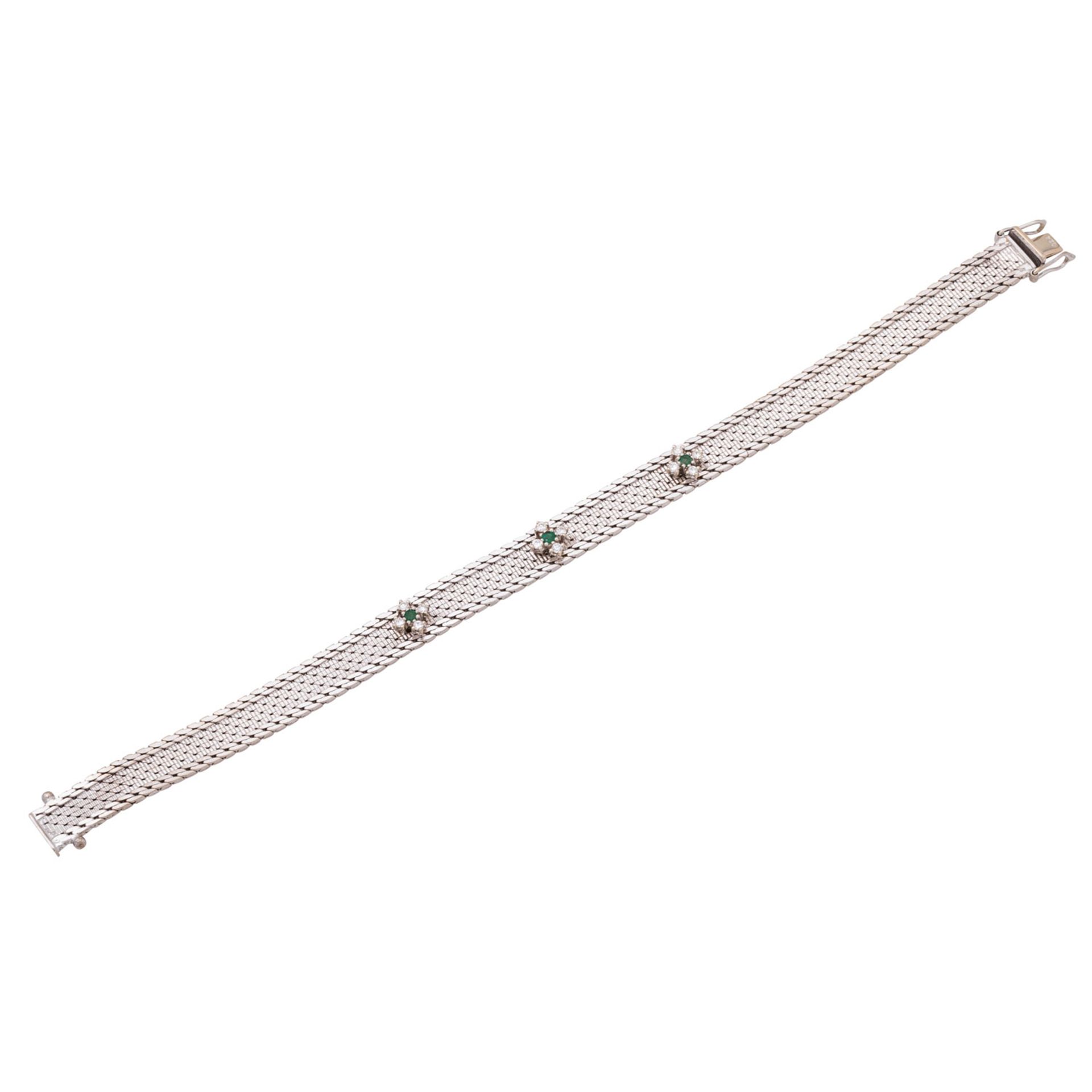 Armband aus Milanaisegeflecht mit 3 kleinen Diamant-Smaragd-Blüten, - Bild 3 aus 5
