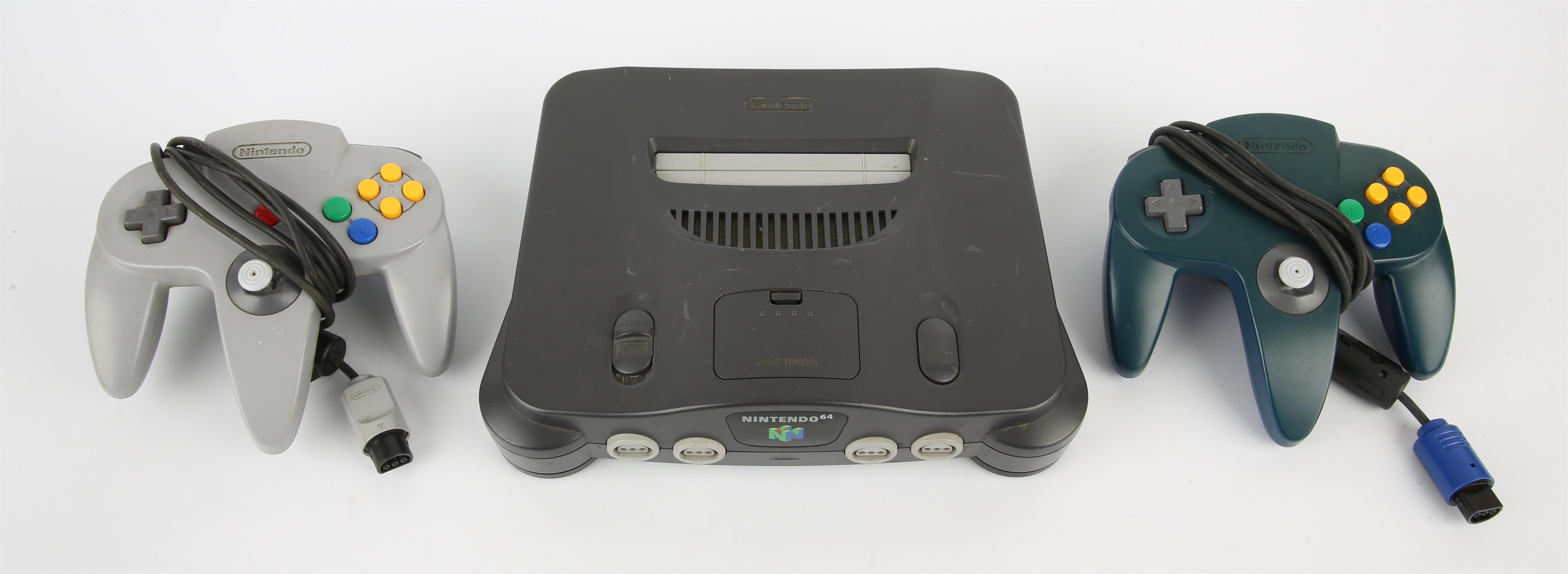 Nintendo 64 (N64) Console + 1 grey controller, 1 blue controller & power pack