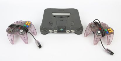 Nintendo 64 (N64) Console + 2 clear purple controllers & power supply
