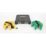 Nintendo 64 (N64) Console + 1 green controller, 1 yellow controller & power supply