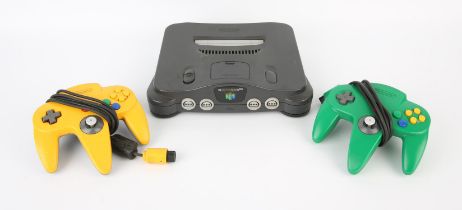 Nintendo 64 (N64) Console + 1 green controller, 1 yellow controller & power supply