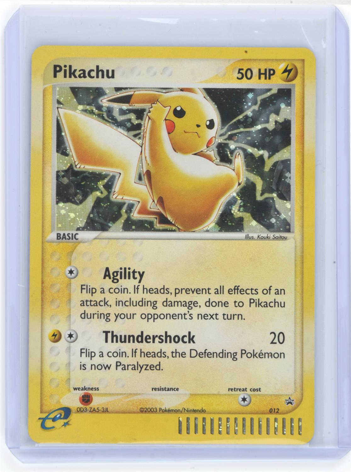 Pokemon TCG. Pikachu Holographic Black Star Promo number 012.