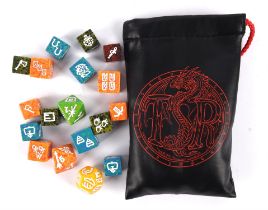 18 assorted TSR gaming dice in official TSR black dice bag.