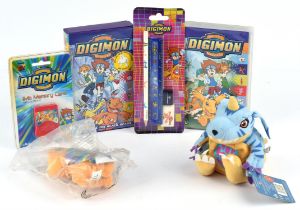 An assortment of Digimon merchandise including two plushes, two VHS boxed tapes, 1 Playstation