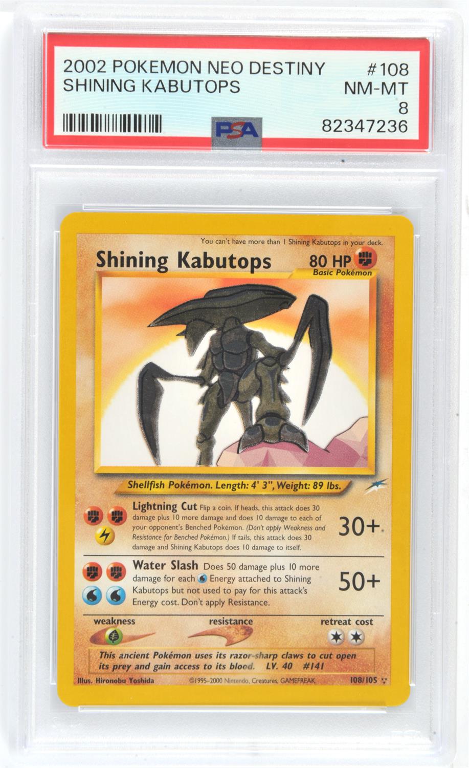 Pokemon TCG. Shining Kabutops 108/105 from Neo Destiny Graded PSA 8.