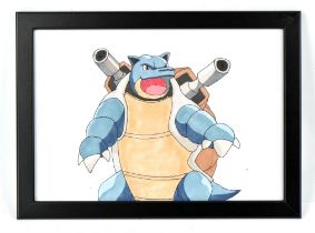 Pokemon TCG. Hand drawn and coloured picture of Blastoise. Comes in a black frame which can be free